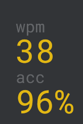 An image showing monkeytype.com stats with a words per minute (WPM) count of 38 and an accuracy of 96%